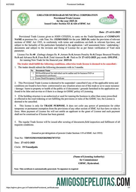 Modelo de licença comercial provisória em Word e PDF para download na Índia Hyderabad